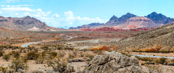 Desert Road Panorama Panoramic View of desert Road Navada USA nevada landscape stock pictures, royalty-free photos & images