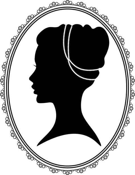 Black silhouette of a woman in oval frame Black silhouette of a woman’s head in an oval decorative frame, locket.  locket stock illustrations