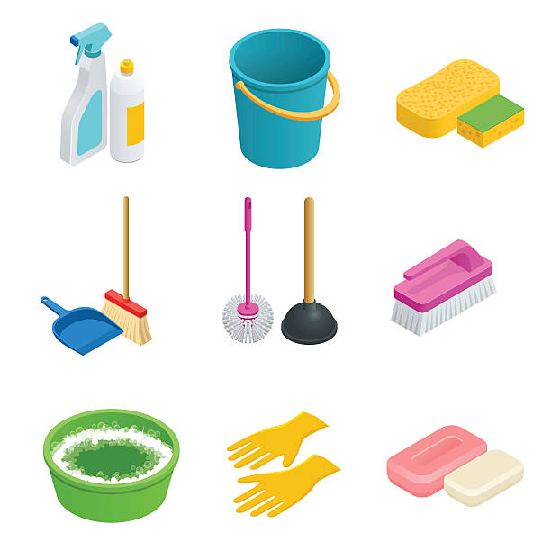 Isometric set of cleaning tools Vector set of cleaning tools. Home clean, sponge, broom, bucket, mop, cleaning brush. Graphic concept for web sites, mobile apps, infographics. Flat 3d vector isometric illustration bucket and sponge stock illustrations