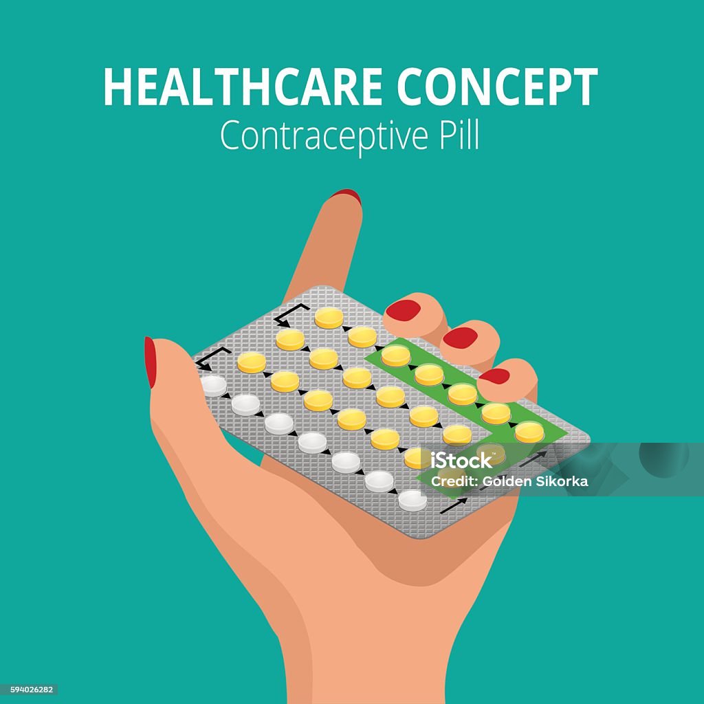 Isometric Woman holding blister pack of Strip  28 Contraceptive Pill Woman holding blister pack of Strip of 28 Contraceptive Pill in his hands. Health care concept. Capsules in their hands. Take pills. Flat 3d isometric vector illustration Birth Control Pill stock vector