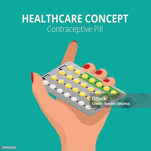 Isometric Woman Holding Blister Pack Of Strip 28 Contraceptive Pill Stock Illustration - Download Image Now