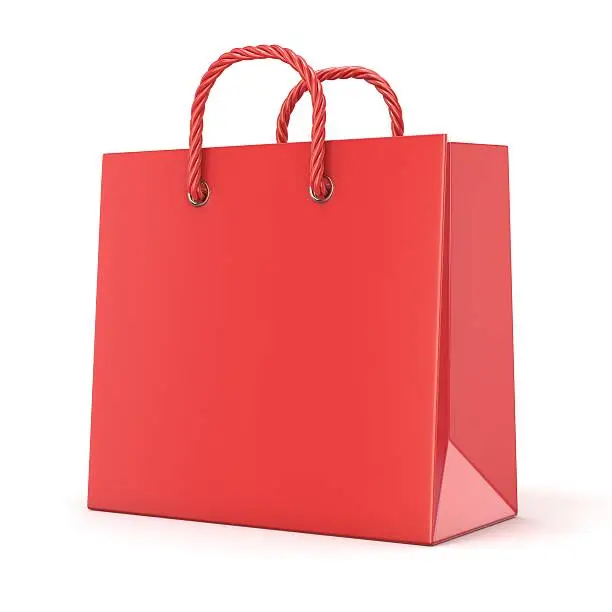 Single, empty, red, blank shopping bag. 3D render illustration isolated on white background
