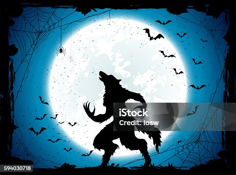 istock Blue Halloween background with bats and werewolf 594030718