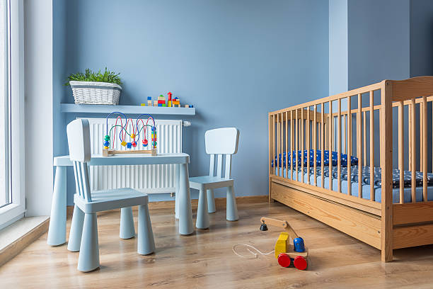 istock Baby room in light blue color 594030944