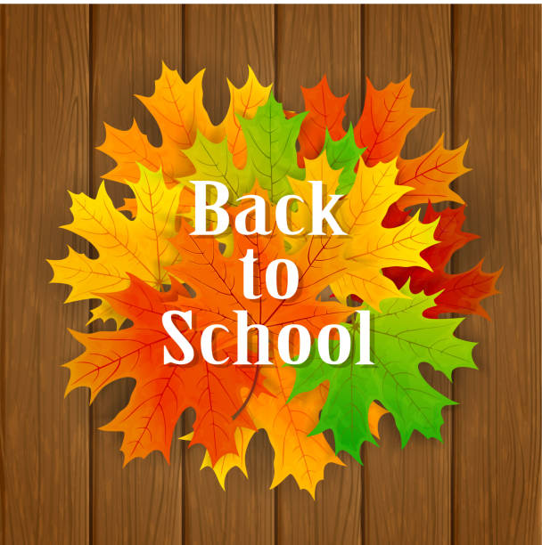 istock Inscription Back to School and maple leaves on wooden background 594031298