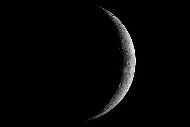 Moon waxing crescent. Young Moon. Crescent moon on black sky. Waxing Crescent.