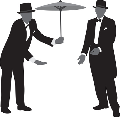 Vector silhouettes of two men gesturing while wearing tuxedos and hats. One of them is holding a parasol.