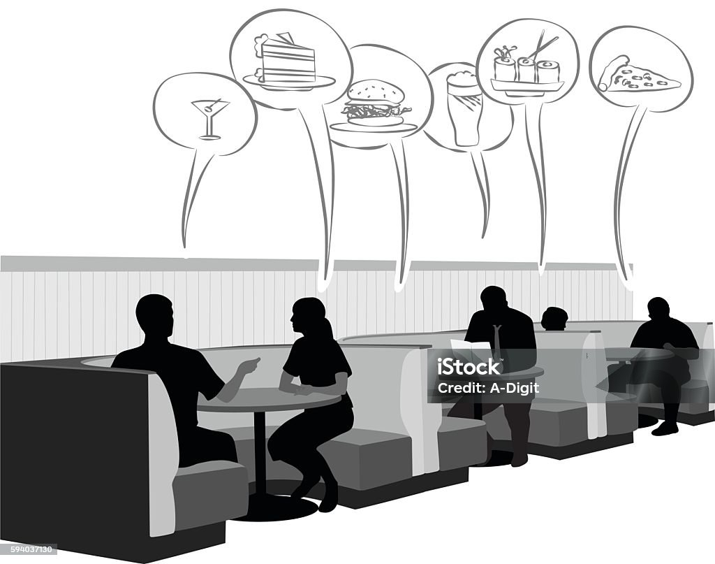 Booth Food Cravings A vector silhouette illustration of people sitting a booths at a resturant with speach bubbles of pictures of food.  A young couple are at the first booth, a man alone at the second, and a mature couple in the third booth. Restaurant stock vector