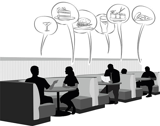 Booth Food Cravings A vector silhouette illustration of people sitting a booths at a resturant with speach bubbles of pictures of food.  A young couple are at the first booth, a man alone at the second, and a mature couple in the third booth. lunch silhouettes stock illustrations