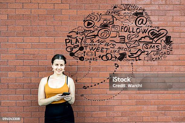 She Is Connected To The Cloud Stock Photo - Download Image Now - Brick, Group Of Objects, Icon Symbol