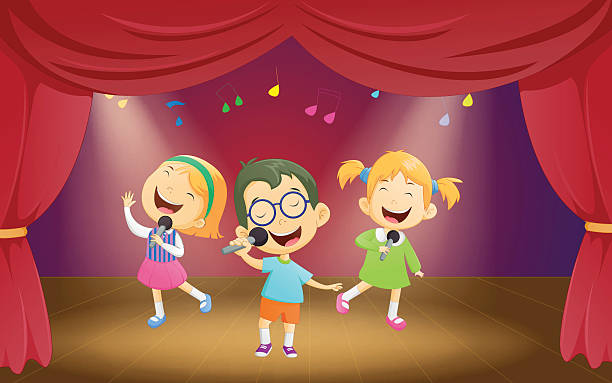 istock Happy cartoon boys and girls singing on the stage 594044602