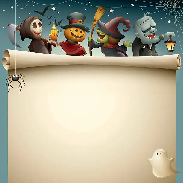 Vector illustration of Happy halloween monsters with scroll