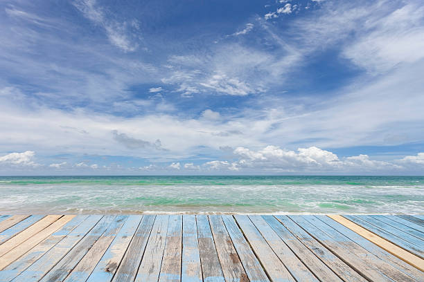 istock wooden floor with beautiful blue sky scenery for background. 594046108