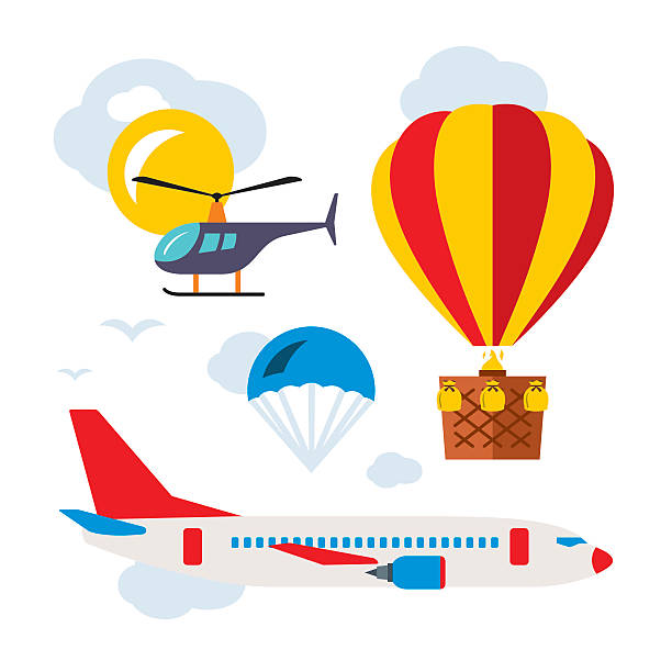 Vector Aviation Icons Set. Flat style colorful Cartoon illustration. Airplane, helicopter, air balloon, parachute. Isolated on a white background ballast stock illustrations
