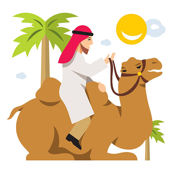 illustrazioni stock, clip art, cartoni animati e icone di tendenza di vettore arab cameleer. cavalcare un cammello. cartone animato colorato in stile piatto - united arab emirates middle eastern ethnicity men camel