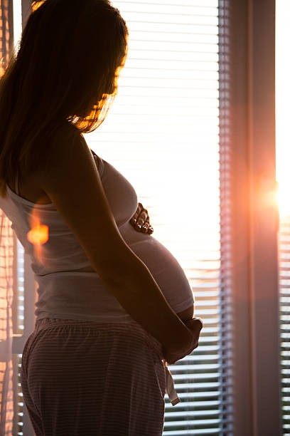 istock Pregnant woman standing by window 594050780