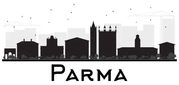 Vector illustration of Parma City skyline black and white silhouette.