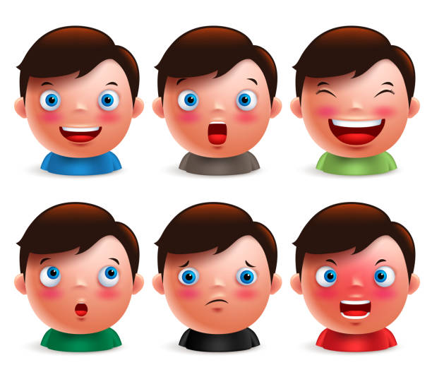młody chłopak dziecko avatar mimika twarzy zestaw emotikonów głowy - characters three dimensional shape people depression stock illustrations