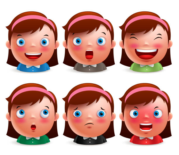 어린 소녀 아이 아바타 얼굴 표정 세트 의 이모티콘 머리 - sadness human face depression smiley face stock illustrations