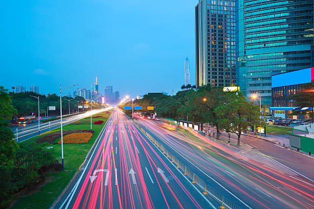 istock Empty road surface floor with modern city landmark architecture backgrounds 594054574