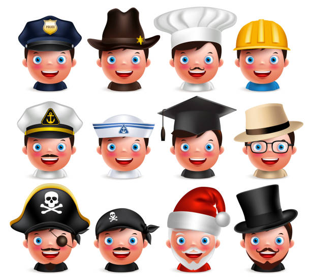 istock Profession avatar set of happy emoticon heads with different hats 594054682