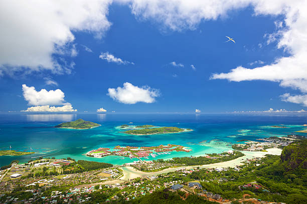 Mahe Seychelles coastline Scenic aerial view of Mahe coastline, Seychelles Victoria Bay stock pictures, royalty-free photos & images
