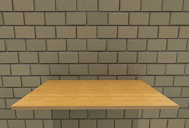 istock Empty top wood laminate floor shelves 594057506
