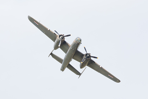 Leeuwarden, the Netherlands - June 10: WW2 B-25 Mitchell bomber in Dutch markings during the Dutch Air Force Open House. June 10, 2016 in Leeuwarden, The Netherlands