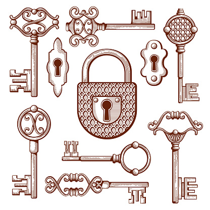Vintage keys, locks and padlocks hand drawn. Keyhole and secrecy, various classic elements, vector illustration
