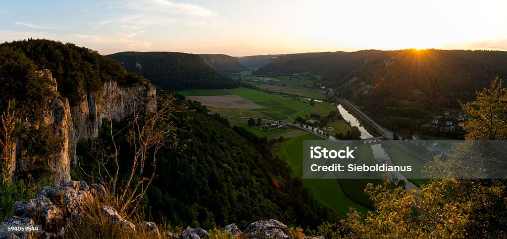 Panoramic view of Upper Danube Nature Valley in Germany, from-above. Panoramic view of Upper Danube Nature Park, River, Valley and Castillo in Germany in Summer at sunset, from-above. Above Stock Photo