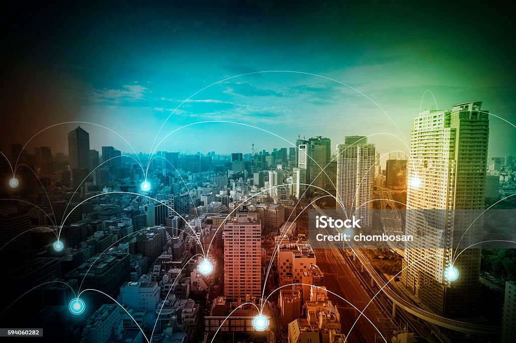 modern cityscape and wireless sensor network modern cityscape and wireless sensor network, sensor node and connecting line, ICT(Information Communication Technology), internet of things, abstract image visual Railroad Track Stock Photo