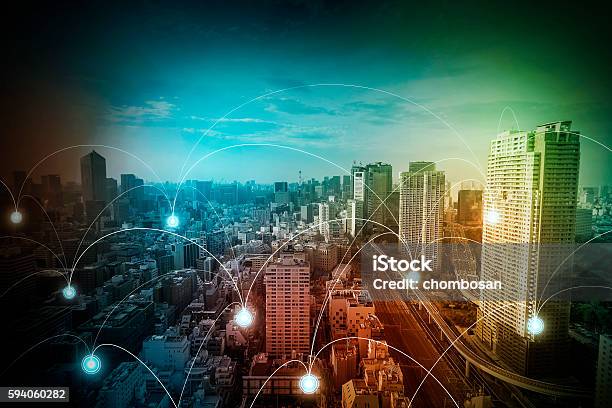 Modern Cityscape And Wireless Sensor Network Stock Photo - Download Image Now - Railroad Track, Sensor, Abstract