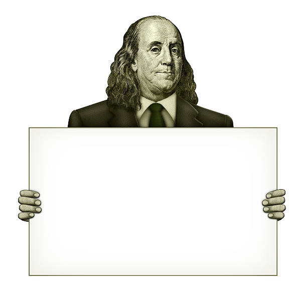 Blank Sign Held by Benjamin Franklin Illustration of a blank sign being held by Benjamin Franklin from the one hundred dollar bill. benjamin franklin photos stock pictures, royalty-free photos & images