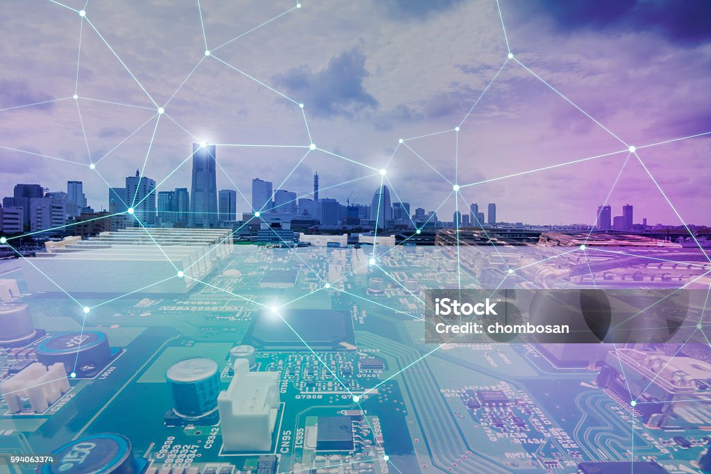 fusion of modern cityscape and electric circuit board fusion of modern cityscape and electric circuit board, technological abstract image visual Grid Pattern Stock Photo