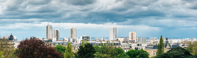 Panoramic view of northeastern Paris from Parc des Buttes Chaumont (France).