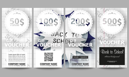 Set of modern gift voucher templates. Back to school background with letters made from halftone dots, cartoon explosion in pop-art style on notebook paper, vector illustration.