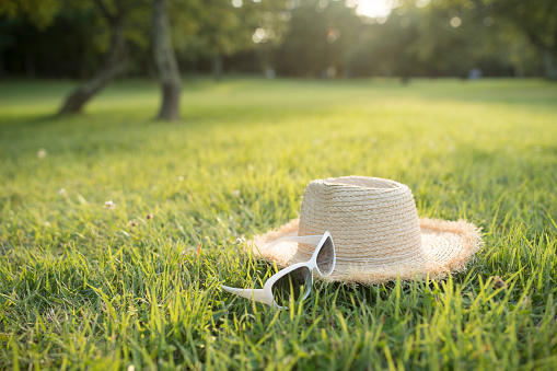 Sunglasses and straw hat close-up in the field.