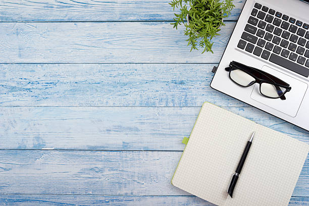 istock Office desk table with supplies. Top view. Copy space for 594069546
