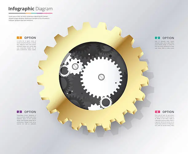 Vector illustration of Gold gear infographic with sample text. engineering infographic.