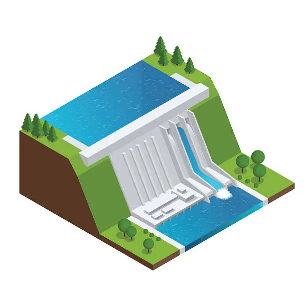 Vector illustration of Isometric Hydroelectric Power Plant