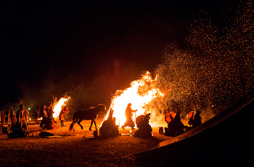Hatgal, Mongolia - July 13, 2014 : Night ceremony of shamanism which is includes horse. 