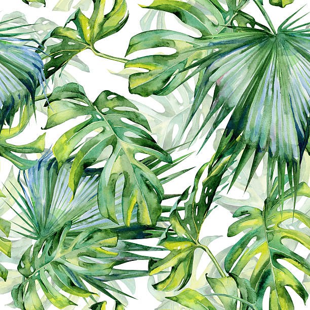 istock Seamless watercolor illustration of tropical leaves, dense jungle 594075424