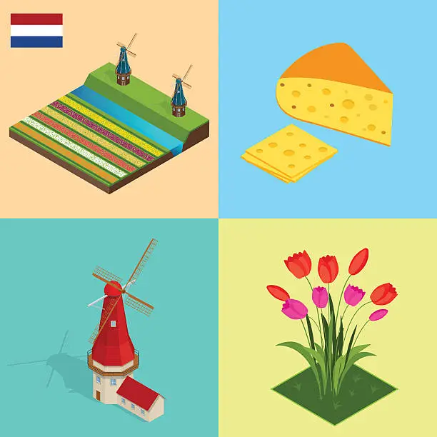 Vector illustration of Isometric Dutch windmill, colorful tulips flowers, Netherlands