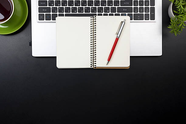 istock Office desk table with supplies. Top view. Copy space for 594445046