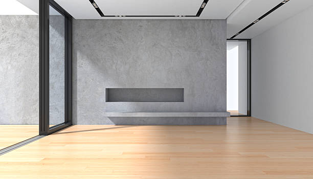 istock Empty room with concrete wall parquet floor and panoramic window 594445258