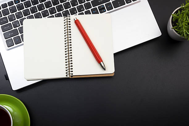 istock Office desk table with supplies. Top view. Copy space for 594445510