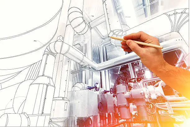 Photo of man's hand draws a design of factory