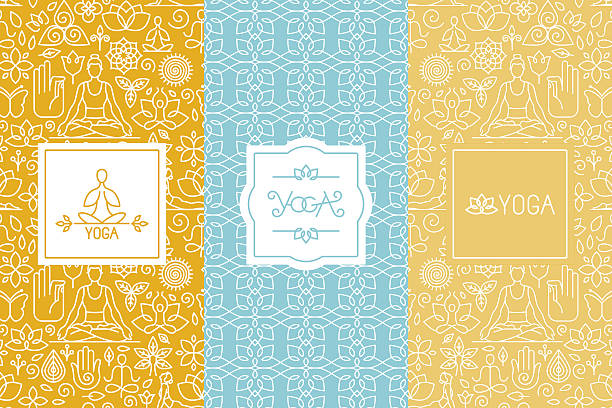 Vector labels and seamless patterns - yoga concepts Vector labels and seamless patterns with icons and signs in trendy linear style - yoga concepts and logo templates - design for packaging and posters buddhism stock illustrations