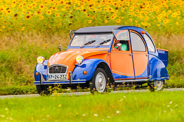 винтажный citroen 2cv перед полем с подсолнухами - citroën 2cv стоковые фото и изображения