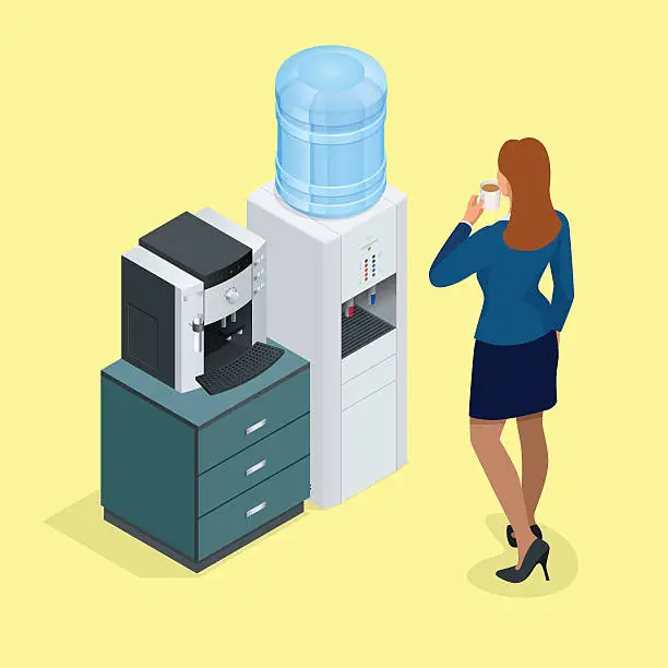 Vector illustration of Isometric Woman with coffee cup, Water cooler